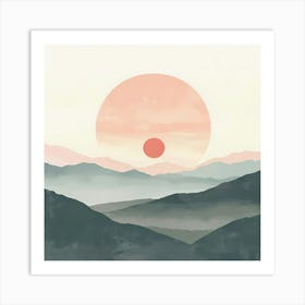 A Hand Drawn Pastel Minimalist Illustration Of A Sunset In The Mountains 2 Art Print