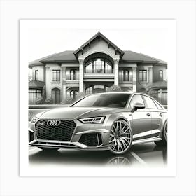 A Pencil Drawing Of A Audi Rs4 In Front Of A Beautiful Modern Mansion 2 Art Print