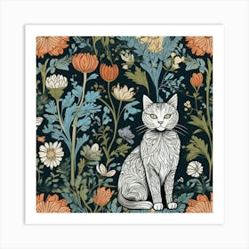 Cat And Flowers Art Print