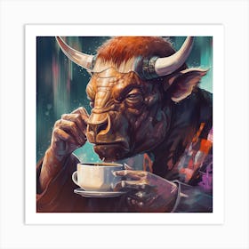 Bull Drinking Coffee Art Print