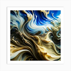 Abstract, swirling patterns of gold, white, and blue paint. Art Print