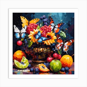 Mixed Fruit, Sunflowers and Vibrant Butterflies Art Print