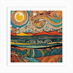 Sunrise Over the Mountain and River Abstract Linocut Art Print