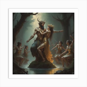 Satyr in the forest with women Art Print