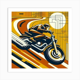 A Guy Riding A Motorcycle Fast Around A Curve Bauhaus Art Stlye 3 Art Print