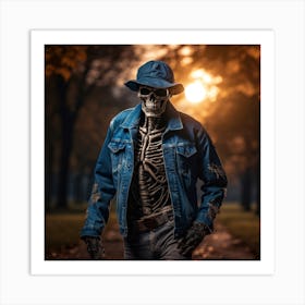 Skeleton In Denim Jacket Art Print