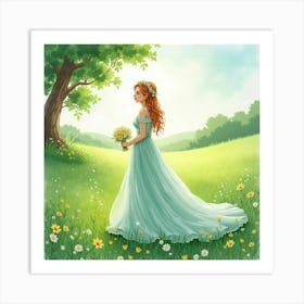 Charming Gown Watercolor, In A Lush Green Countryside 1 Art Print