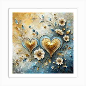 Hearts gold and flowers acrylic art Art Print
