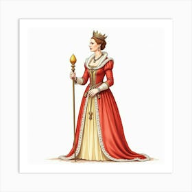 Queen Elizabeth I In Watercolor, Regal Attire, Holding A Scepter 1 Art Print