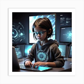 Young Girl Working On Computer Art Print