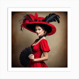 Renaissance Woman In Red Dress With Fan Art Print