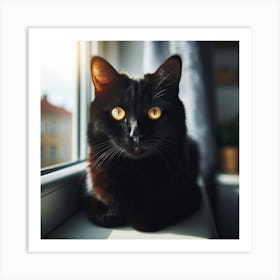 Black Cat Sitting On Window Sill 1 Art Print