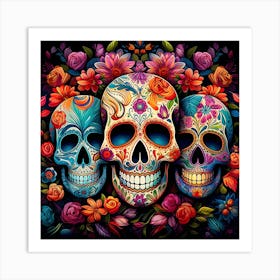 Maraclemente Many Sugar Skulls Colorful Flowers Vibrant Colors 10 Art Print