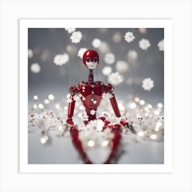 Porcelain And Hammered Matt Red Android Marionette Showing Cracked Inner Working, Tiny White Flowers (5) Art Print