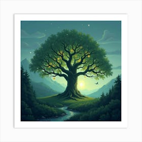 Mystical Tree With Glowing Leaves In A Serene Valley 1 Art Print