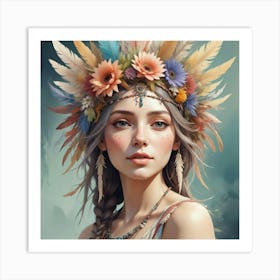 Native American Girl With Feathers Art Print