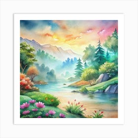 Watercolor Landscape Painting Art Print