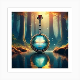 Firefly Banjo, Water, Enchanted, Forest, Kaleidoscope, Colors, Magical, Nature, Music, Instrument, F (24) Art Print