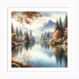 Fall Colors: A Calming and Beautiful Watercolor Painting of Autumn Trees and Water Art Print