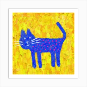 Blue Cat On Yellow Background Art Print