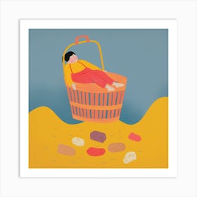 Illustration Of A Woman Sleeping In A Basket Art Print