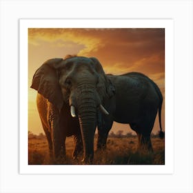 Sunset Elephants Art Print