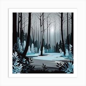 Forest At Night 1, Forest, sunset,   Forest bathed in the warm glow of the setting sun, forest sunset illustration, forest at sunset, sunset forest vector art, sunset, forest painting, sunset in winter, dark forest, landscape painting, nature vector art, Forest Sunset art, trees, pines, spruces, and firs, black, blue and white Art Print