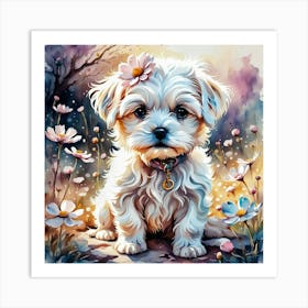 Cute Floral Maltese Puppy With Flowers Art Print