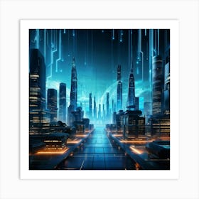 Ai Encapsulates A Futuristic Cityscape Algorithms Visualized As Glowing Streams Flowing Into Encryp (3) Art Print