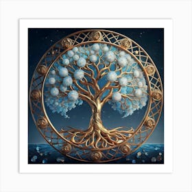 Blooming Skybluebluegold Tree Of Life In Silve (1) Art Print