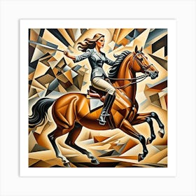 Woman On Galloping Horse Cubism Style Art Print