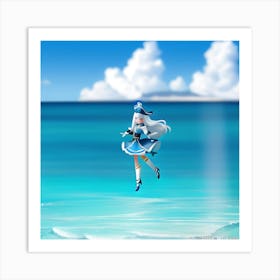 Anime girl jumps over the ocean waters  Art Print