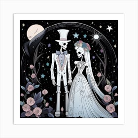 Day Of The Dead Wedding skeleton whimsical minimalistic line art Art Print