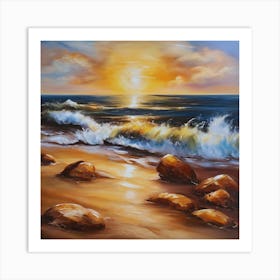 The sea. Beach waves. Beach sand and rocks. Sunset over the sea. Oil on canvas artwork.37 Art Print