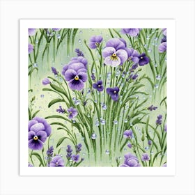 Lavender And Pansies, With Water Droplets Art Print