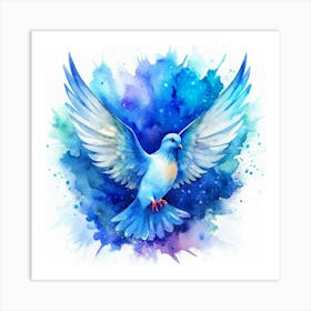 Blue Dove Flying In Watercolor Splatter Art Print