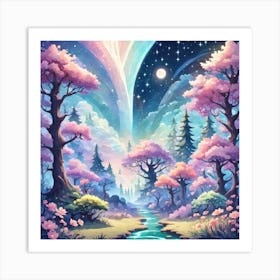 A Fantasy Forest With Twinkling Stars In Pastel Tone Square Composition 457 Art Print