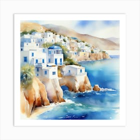 Watercolor Of A Greek Village.Summer on a Greek island. Sea. Sand beach. White houses. Blue roofs. The beauty of the place. Watercolor. 2 Art Print