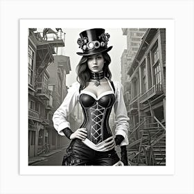 Steampunk Women's Fashion Monochrome Cubism Style Art Print