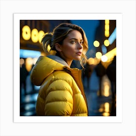 Woman in down jacket, walking in luminous city at night 1 Art Print