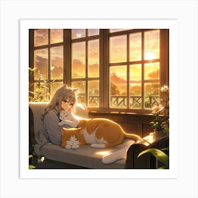 Cat And Girl Art Print