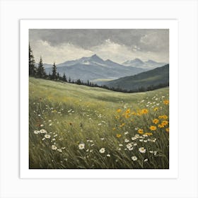 vintage oil painting of wild flowers in a meadow, mountains in the background 10 Art Print