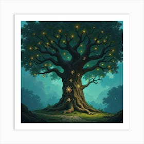 A Giant Magical Tree With Glowing Runes Carved Into Its Trunk 1 Art Print