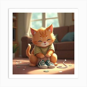 A Cheerful Kitten Batting At A Child’S Shoelaces In A Cozy Living Room 1 Art Print