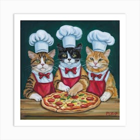 Pizza Party Cat Crew Print Art Envision Cats In Chef Hats Crafting A Pizza Masterpiece Art Print