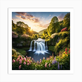 Waterfall At Sunset Art Print