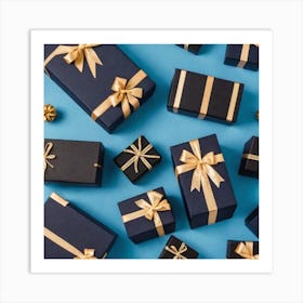 Black Gift Box On A Plain Blue Background (3) Art Print