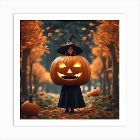 Halloween Girl With Pumpkin Art Print