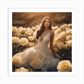 Tyndall Effect, A Beautiful Women Lies Underwater In Front Of Pale Yellow Roses ,Sunbeams In The Sty (1) Art Print