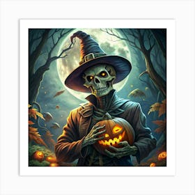 Halloween Skeleton In Witch Hat Holding A Jack O Lantern Art Print